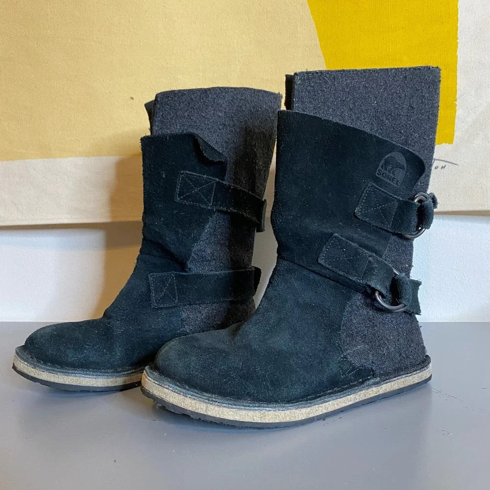 SOREL Kids Chipahko Black Gray Felt Suede Boots Size 1 - Picture 10 of 10